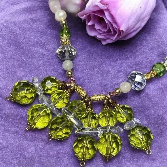 Handmade One of a Kind Green & Rock Crystal Rose Quartz Art Glass Necklace - Picture 4 of 9